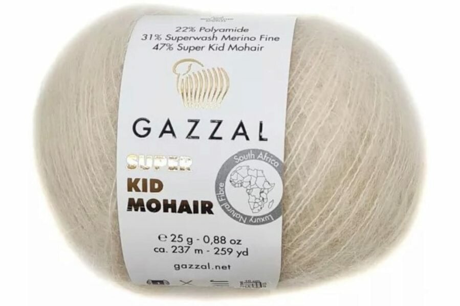 Пряжа Gazzal Super Kid Mohair слоновая кость (64436), 31%меринос/47%супер кид мохер/22%полиамид, 237м, 25г, 1шт
