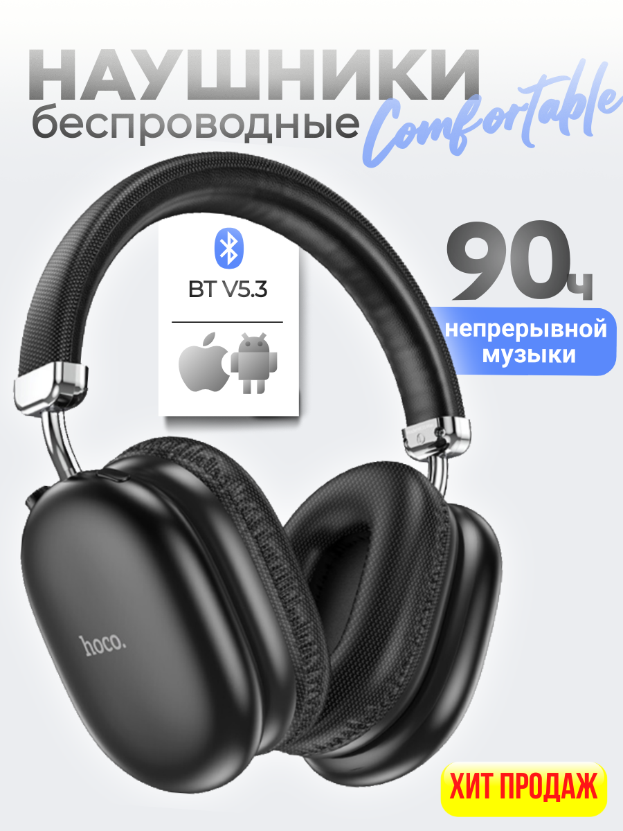 Беспроводные наушники c эффектом снижения шума Hoco W35 Max / BT 5.3 + поддержка 3.5mm AUX и TF card / 90 часов музыки (черные)