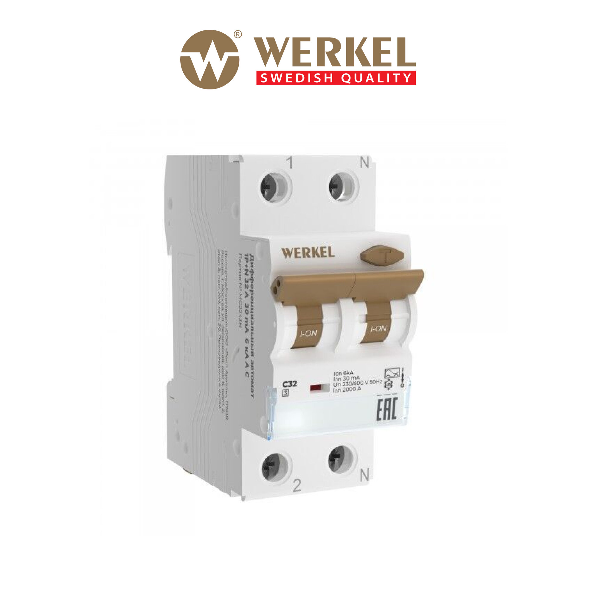 Дифференциальный автомат 1P+N Werkel W922P326 электромеханический, 32 A, 30 mА, 6 kА, ВТХ C