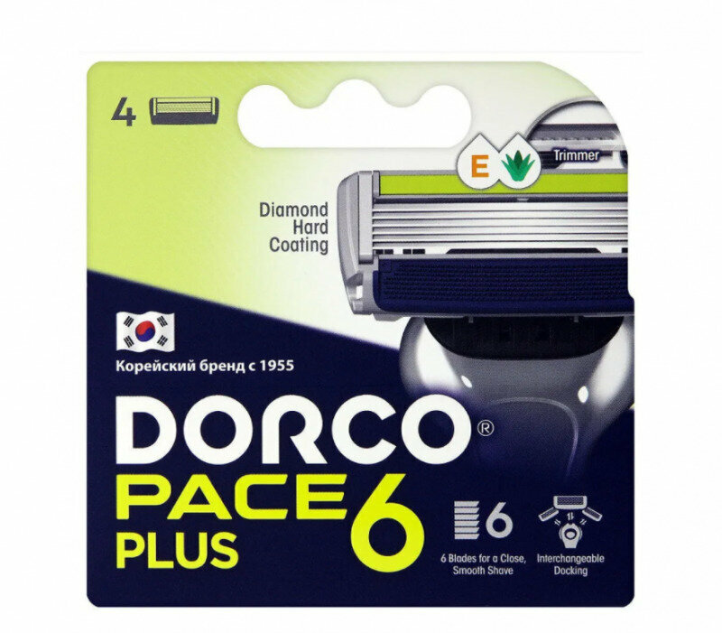 DORCO PACE 6 PLUS NEW сменные кассеты для бритья, 6 лезвий + 1 лезвие-триммер 4шт