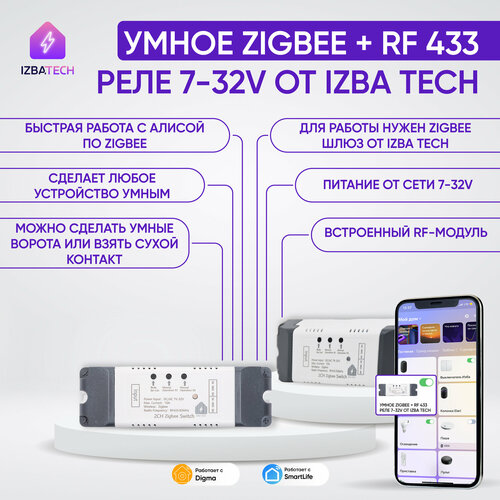 Умное реле на два канала Zigbee+RF 433 на 7-32v с корпусом