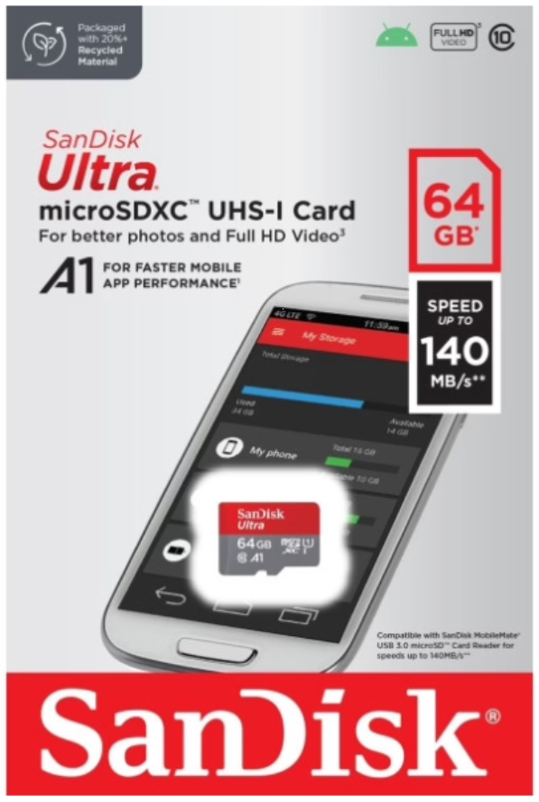 Карта памяти microSDXC 64 ГБ SanDisk Ultra Class 10, UHS-I, R 140 МБ/с