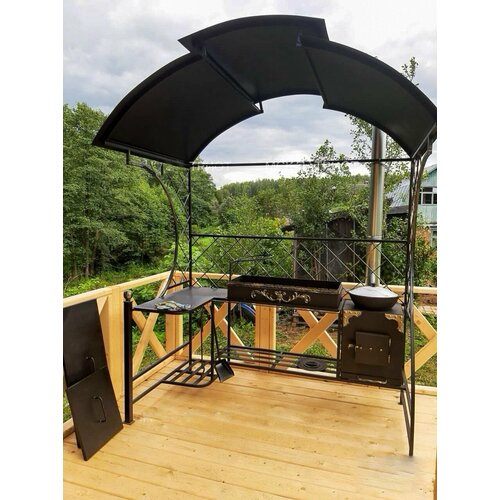 Мангал с крышей и печкой под казан металлический из 3 мм стали со столом для дачи большой, мангальная зона золотистый, черный