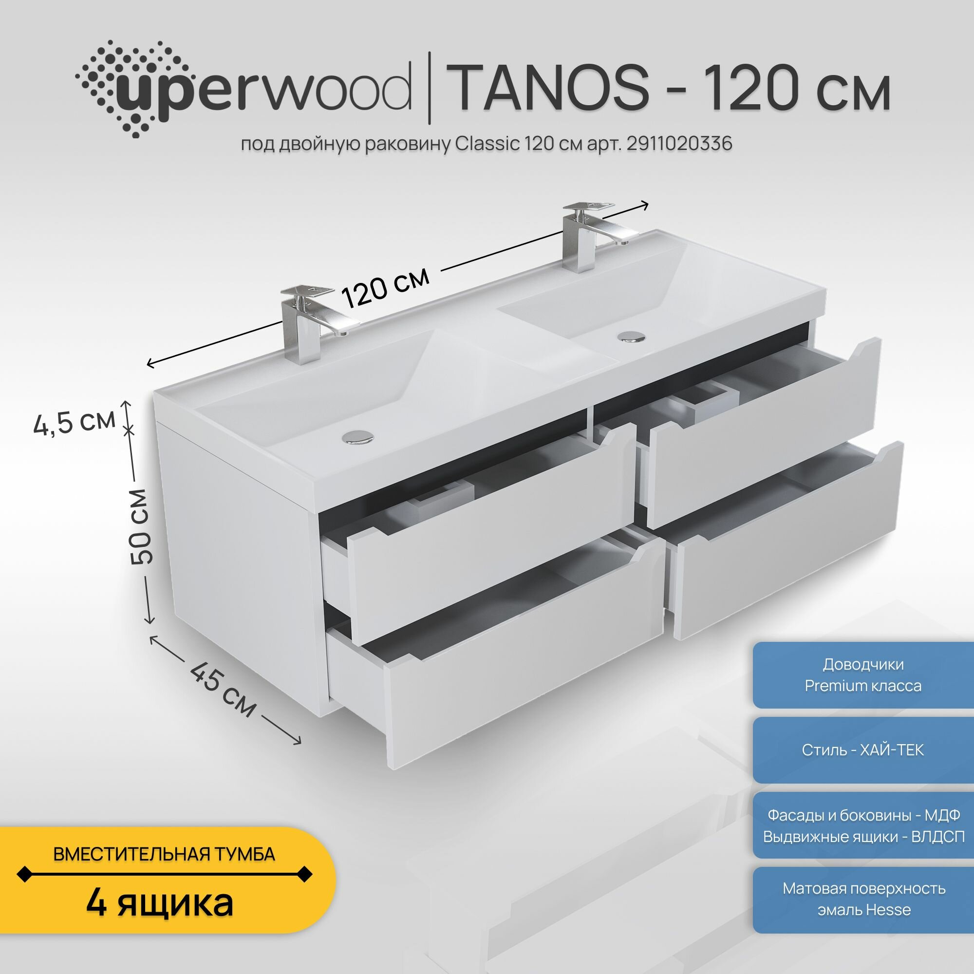 Тумба под двойную раковину для ванной подвесная Uperwood Tanos 120х45х50 см, белая/графит, 4 ящика — фото 1