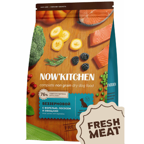 NOW'KITCHEN Беззерновой корм для взрослых собак малых пород со свежей форелью, лососем, Fresh Grain-free Trout&Salmon, Small Adult, 9.98 кг 9.98 кг