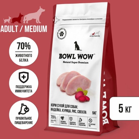 Корм сухой Bowl Wow NATURAL SUPER PREMIUM ADULT MEDIUM для собак средних пород индейка, курица, рис, свекла, 5 кг