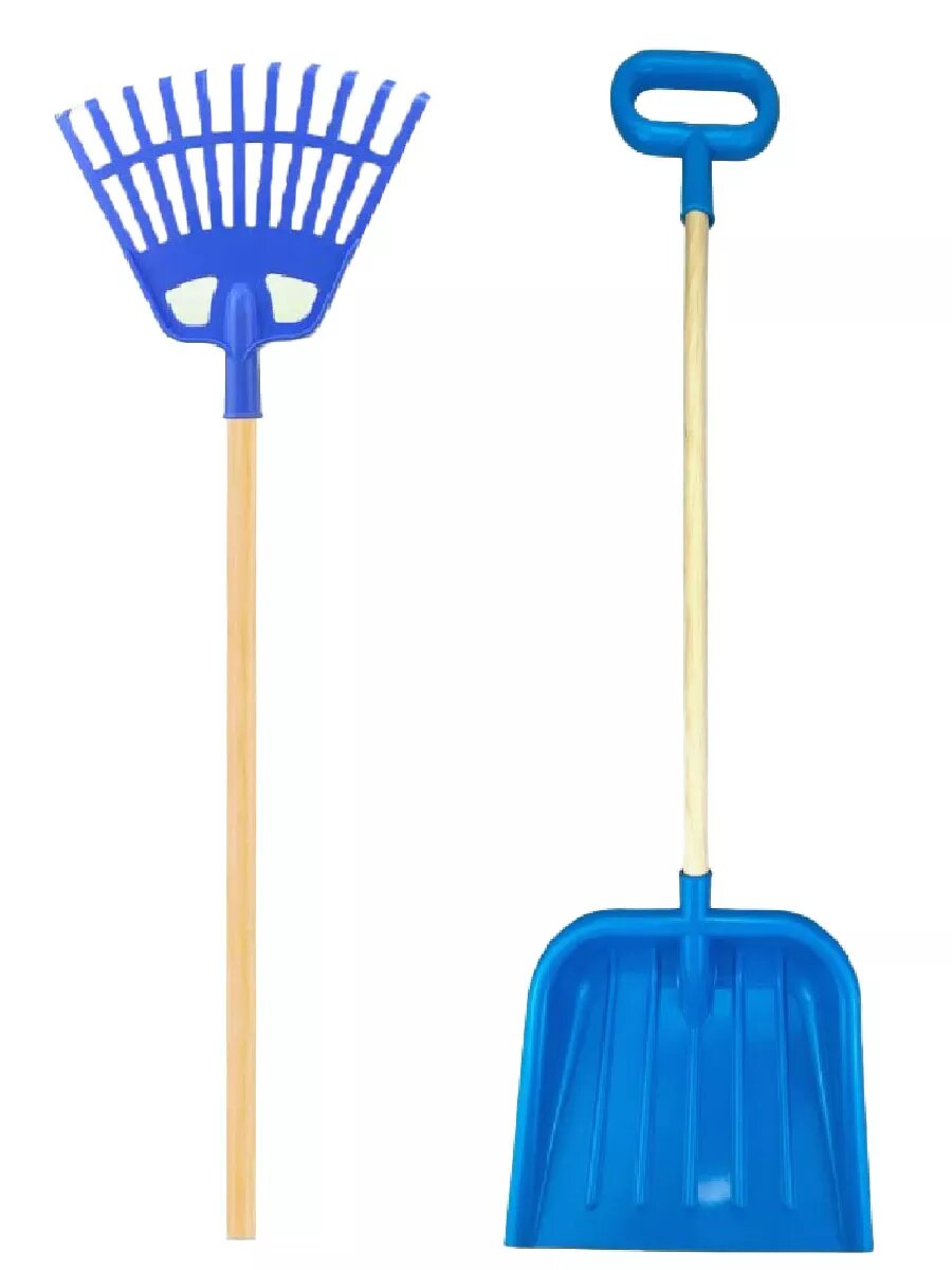 Детский набор лопата и грабли с деревянной ручкой синие, юный помощник — фото 1