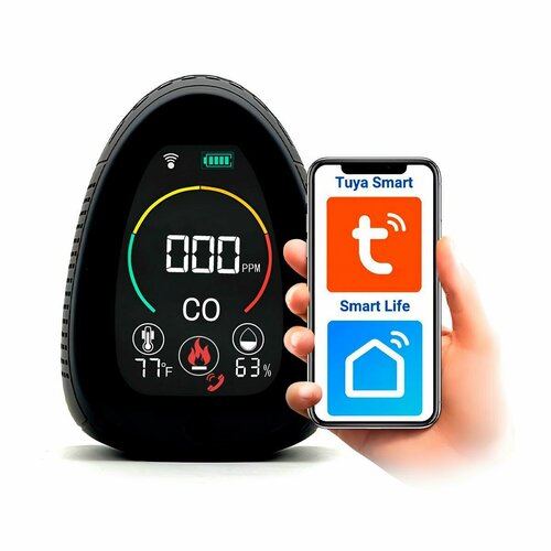 Умный автономный Tuya Wi-Fi датчик-детектор монитор качества воздуха 4 в 1 - HTI-0341-BT Tuya угарный газ влажность температура дым 6128₽