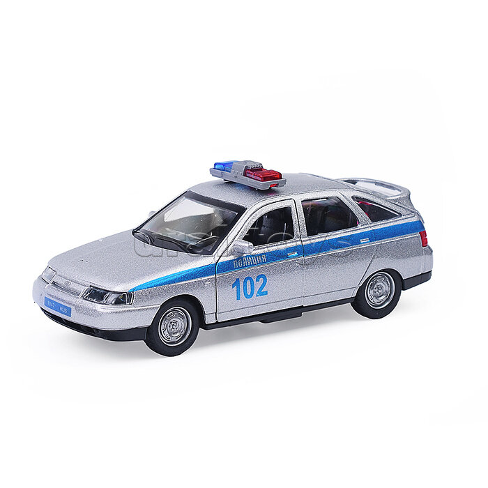 Машина металл ВАЗ-2112 Полиция 12 см, (двери, багаж, свет-звук, серебристый) в коробке — фото 1