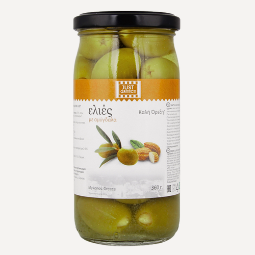 Изображение товара Оливки Just Greece Гигантские фаршированные миндалем р.91-100 360г.