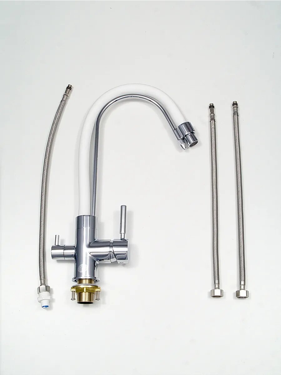 Смеситель Diadonna, для кухни, с выходом для воды, латунь, белый, серый, гибкий излив — фото 1