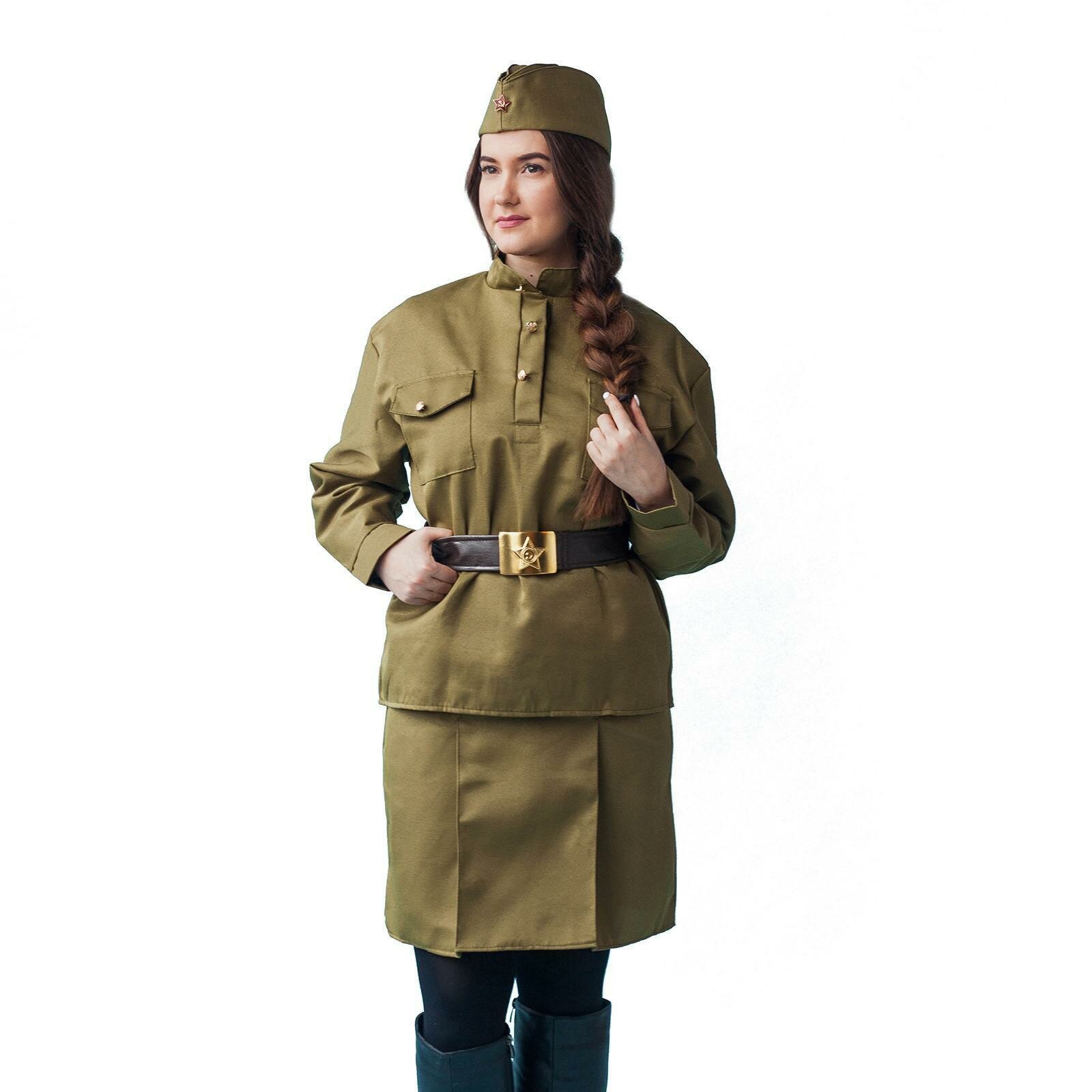 Карнавальный костюм "Солдаточка", пилотка, гимнастерка, ремень, юбка, р. 52-54 4822569