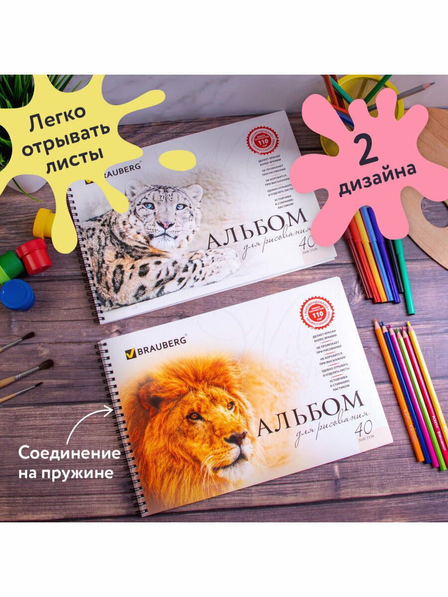 Альбом д/рис. А4 40 л, комплект 2 шт, гребень, обл. картон, BRAUBERG, 205х290 мм, Хищники, 880028 — фото 1