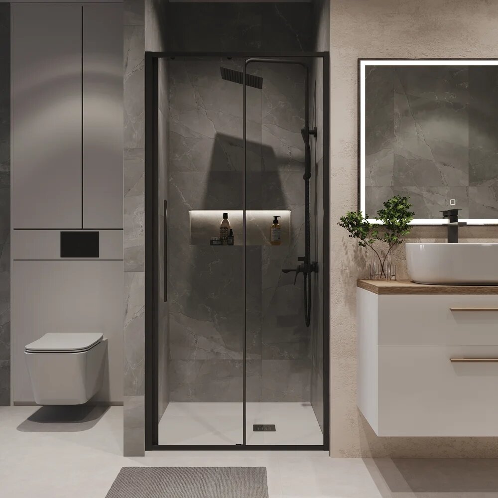 Душевая дверь в нишу Niagara Nova NG-84-10AB стеклянная раздвижная 100 см с черным профилем одностворчатая угловая