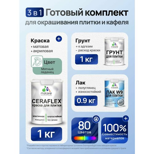 фото Комплект malare для окрашивания плитки и кафеля (1кг грунт + 1кг краска + 0,9кг лак), без запаха, полуглянцевый, цвет мятный леденец