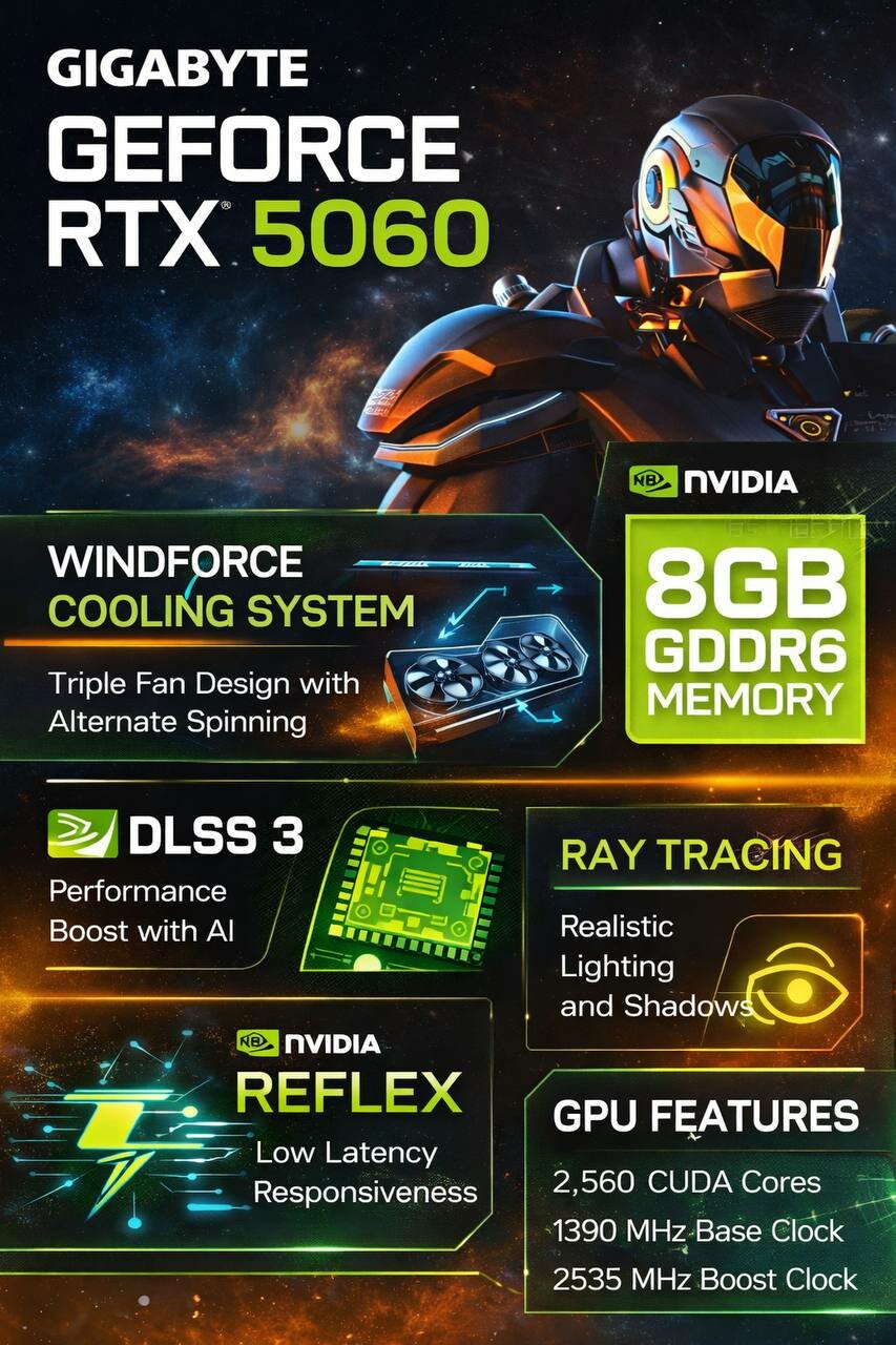 Видеокарта Gigabyte WINDFORCE RTX 5060, GeForce, 8 ГБ, GDDR6 (8 ГБ GDDR6, PCIe 5.0, Dual-Hawk вентиляторы)