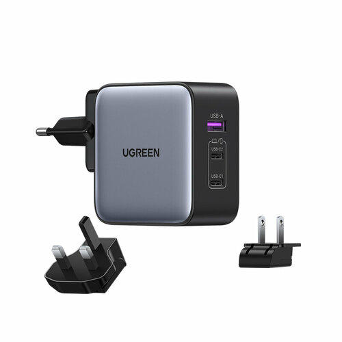 Зарядное устройство для путешествий UGREEN CD296 (90409) USB-A+2*USB-C GaN 65W Travel Fast Charger (3-Port) со сменными вилками. Цвет: серый космос сзу ugreen nexode usb a 2 usb c 140w gan кабель usb c 2 м 90549