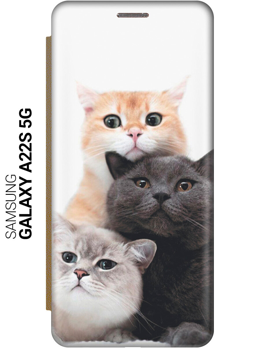 Чехол-книжка на Samsung Galaxy A22s 5G / Самсунг А22с c принтом "Котики" золотистый