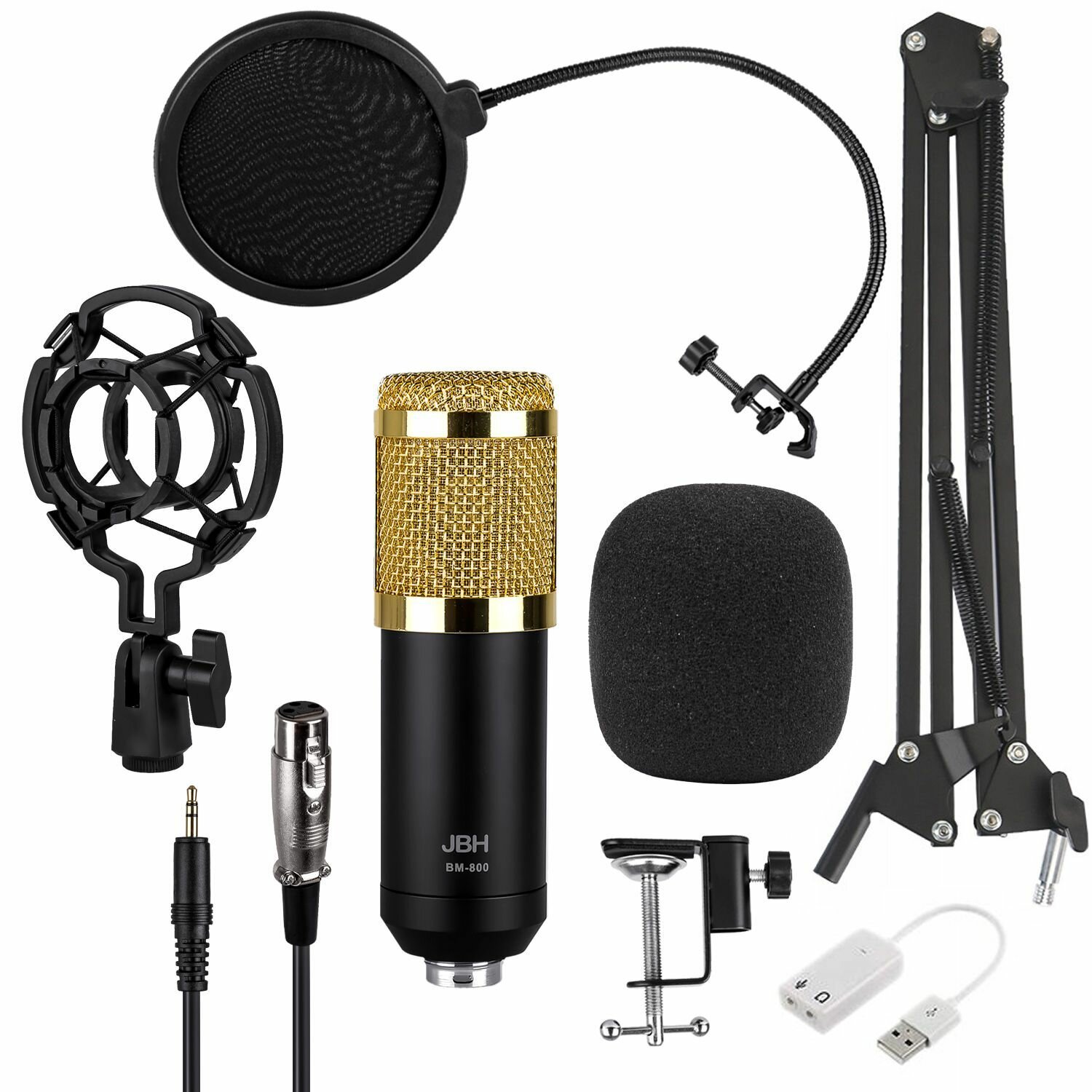 Студийный набор для звукозаписи Конденсаторный микрофон BM800 JBH  Поп-фильтр пантограф (Золото с черным)