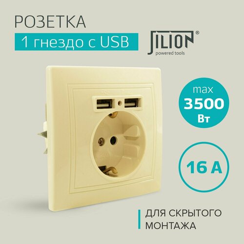 Розетка с двумя USB портами, бежевая Jilion