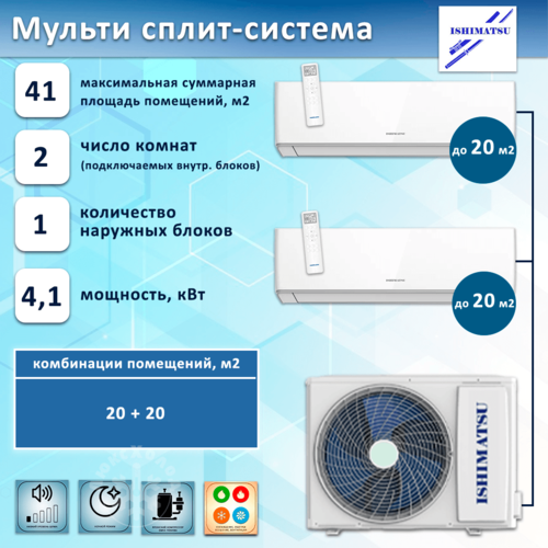 ISHIMATSU Комплект мульти сплит-систем Smart DC Inverter на 2 комнаты 20+20 м2 инвертор