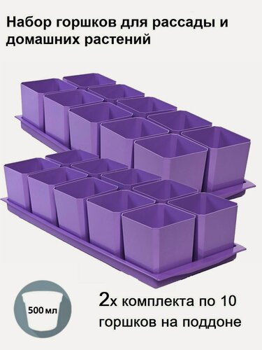 Изображение товара Горшки для рассады и цветов, 20 горшков и 2 общих поддона, фиолетовые