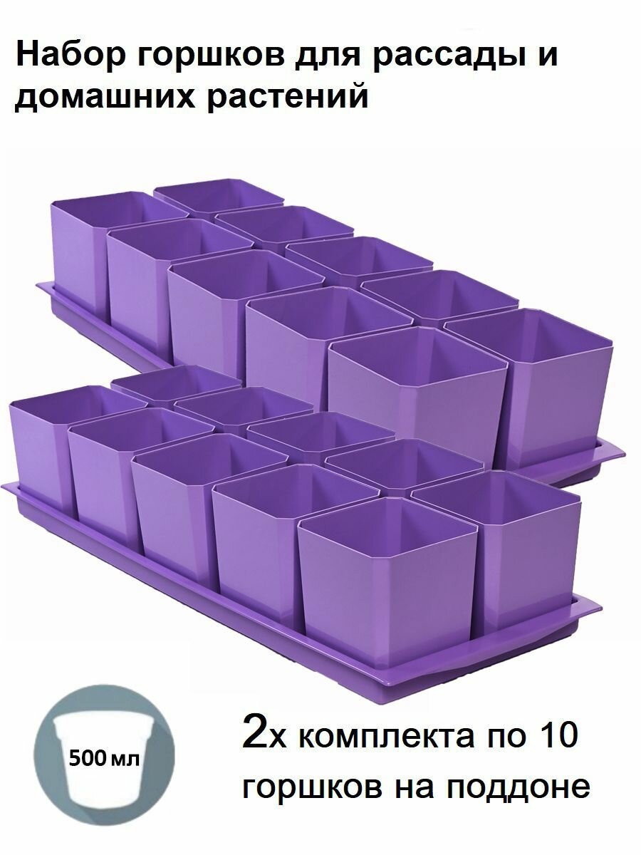 Горшки для рассады и цветов, 20 горшков и 2 общих поддона, фиолетовые