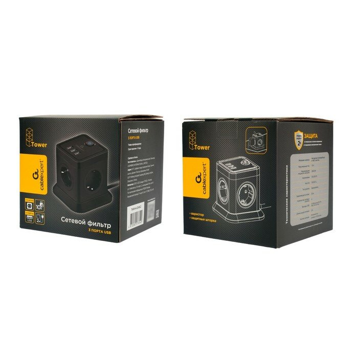 Сетевой фильтр Gembird Cablexpert Tower 4 Sockets 3xUSB 2m Black TWR-4-U3-B-2 — фото 7