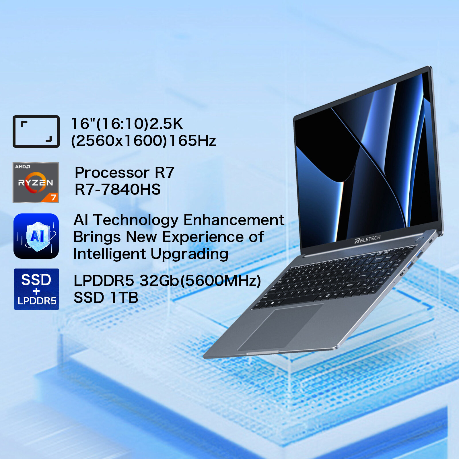 Reletech 16" Ноутбук X16 Extreme Pro，UIG 7840HS,2560x1600，AMD R7-7840HS, RAM 32GB, SSD 1024GB, AMD Radeon 780M, серый