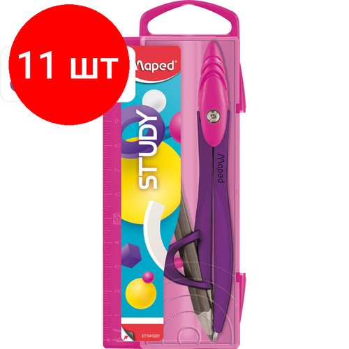 Комплект 11 наб, Циркуль Maped STUDY POP 120мм, цинк. сплав, карандаш, пласт. пенал, ассорт,194102 циркуль школьный study stop 120мм