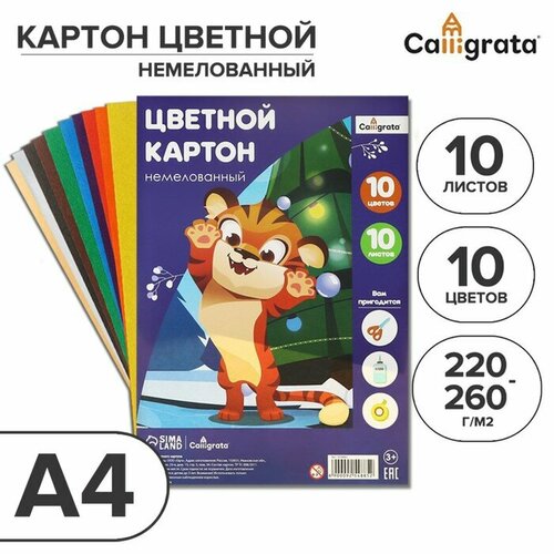 Картон цветной А4, 10 листoв, 10 цветов, Calligrata, немелованный 220-260 г/м2 calligrata картон цветной calligrata а4 8 листов 8 цветов немелованный 220 г м2