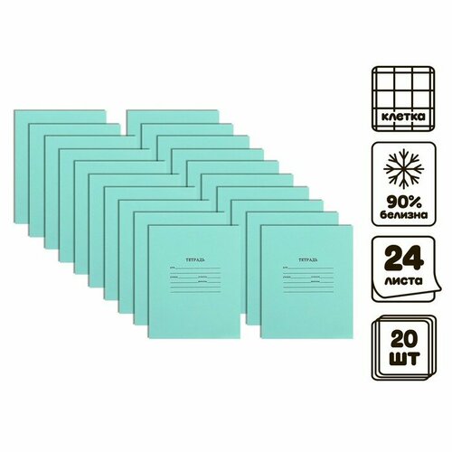 Комплект тетрадей из 20 штук, 24 листа в клетку КПК Зелёная обложка, 58-63 г/м2, блок офсет, белизна 90%