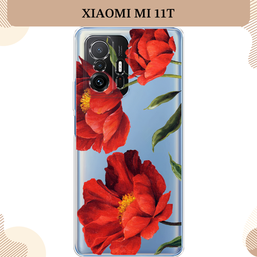 Силиконовый чехол Красные маки на Xiaomi Mi 11T/ 11T Pro / Сяоми Mi 11T/ 11T Pro, прозрачный силиконовый чехол на xiaomi mi 11t сяоми ми 11t маки и васильки фон прозрачный