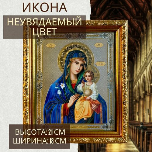 Освящённая православная икона Богородица Неувядаемый Цвет для дома в багетной рамке из дерева со стеклом 21 х 18 см