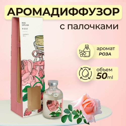 Диффузор ароматический с палочками, роза, 50 мл