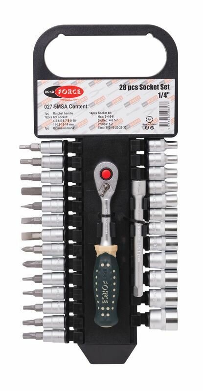 Набор головок и бит с трещоткой в пласт. держателе 28пр. 1/4"(4-14мм, 6-гран.) Rock FORCE RF-027-5MSA