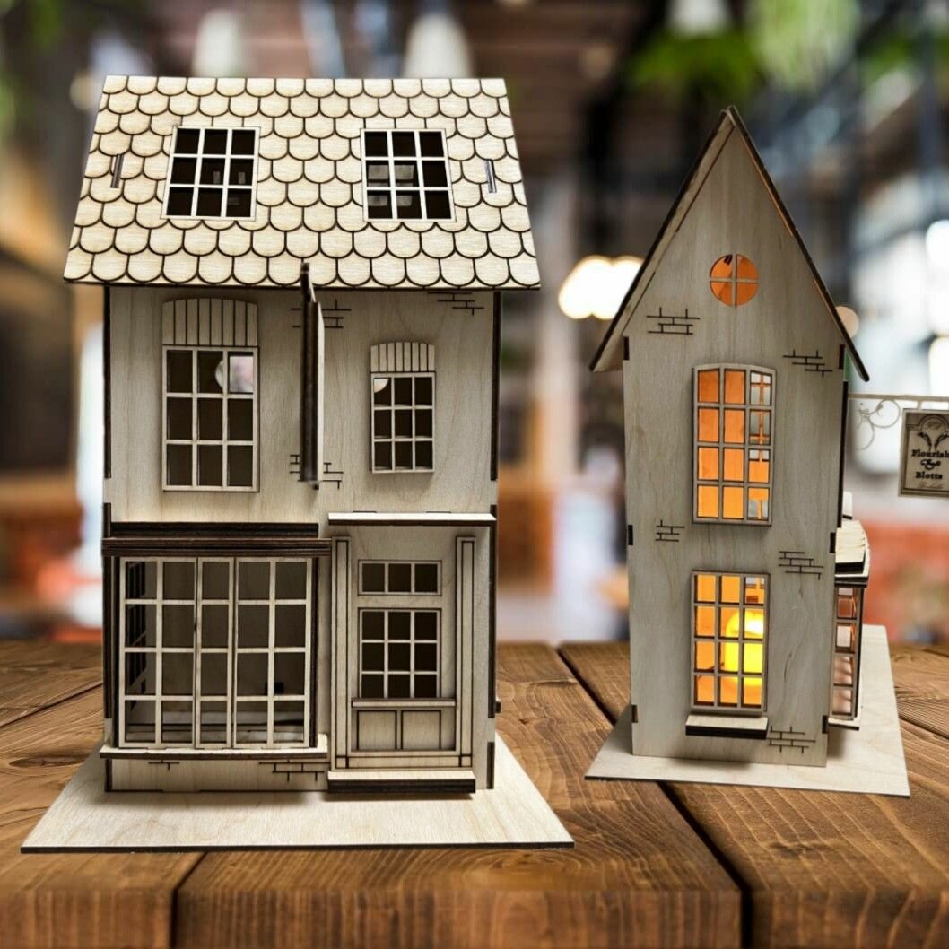 фото Светильник / фонарик / ночник "Домик 1 из Косого переулка". Комплект заготовок из фанеры для самостоятельной сборки и декорирования.