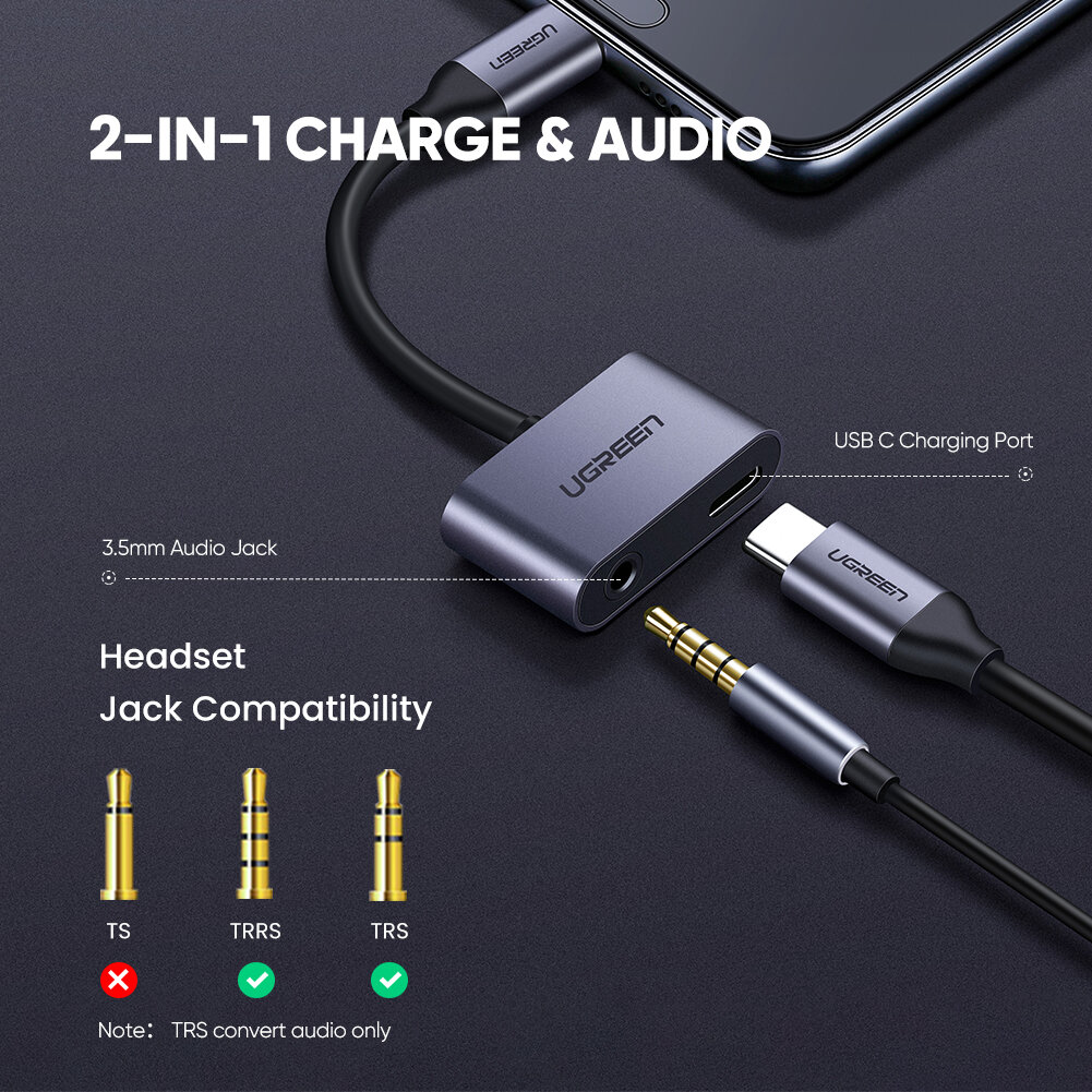 Адаптер USB-C UGREEN CM193 / 3.5mm audio jack / Зарядка / Android / цвет черно-серый, 0,1м, (50596)