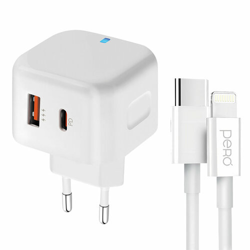 Зарядное устройство Pero TC10 USB-C + USB-A + кабель Lightning White TC10CLWH зарядное устройство для мотоцикла с одним usb портом и портом type c с цветным экраном дисплеем температуры и напряжения