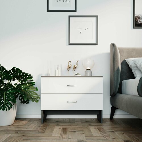 Тумба прикроватная 2 ящика, 70х32х53, графит с белым