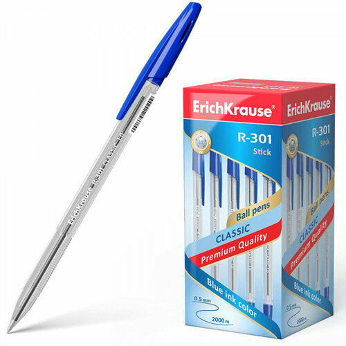 Ручка шариковая прозрачный корпус (ErichKrause) R-301 Classic синий, 1мм арт.43184. Количество в наборе 50 шт.