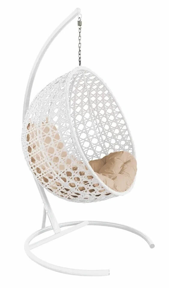 Подвесное кресло из ротанга "круг люкс" с ротангом белое, бежевая подушка