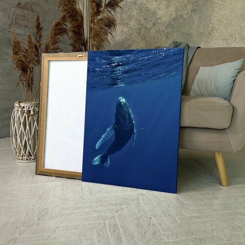 Картина на холсте (Кит плавает в океане с высунутой пастью) 50x70 см. Интерьерная, на стену.