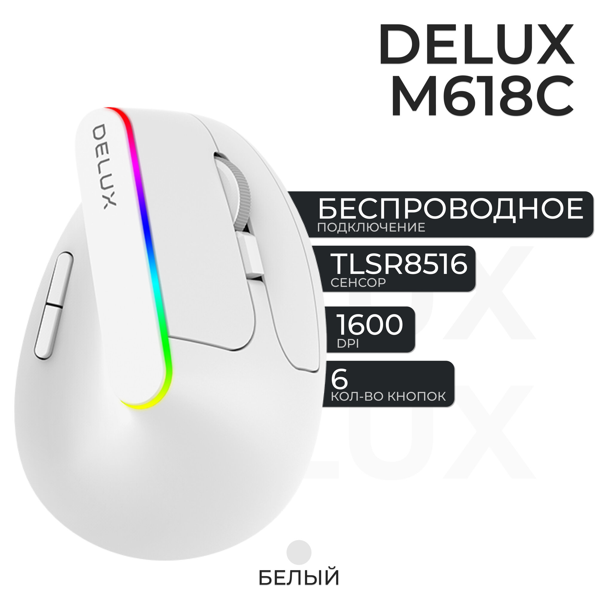 Вертикальная мышь беспроводная Delux M618C, белый