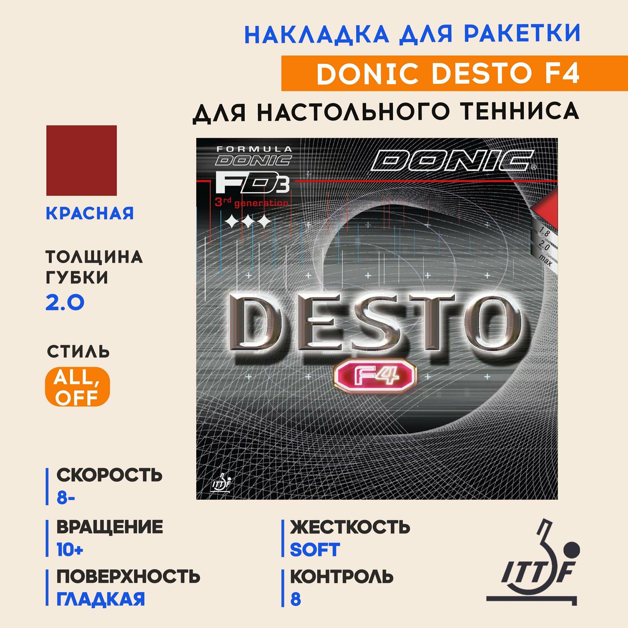 Накладка для ракетки настольного тенниса Desto F4 (цвет красный, толщина 2.0)