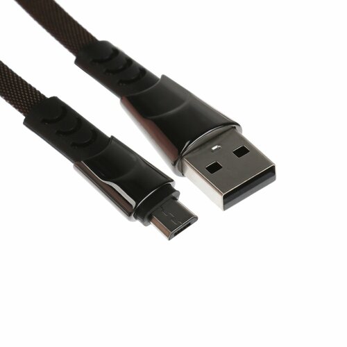 Кабель MicroUSB - USB, 2.4 А, оплётка ткань, плоский, 1 метр, чёрный