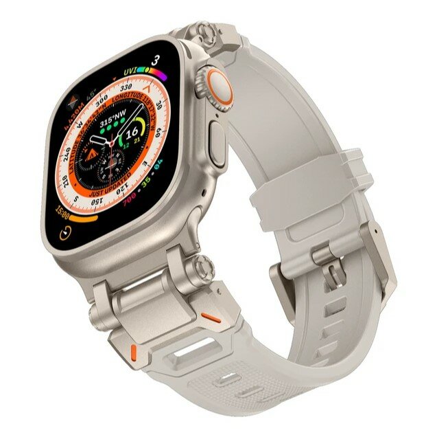 Силиконовый ремешок со светлым металлическим держателем крепления для Apple Watch 1-9, SE, ULTRA 42-44-45-49 мм, бежевый