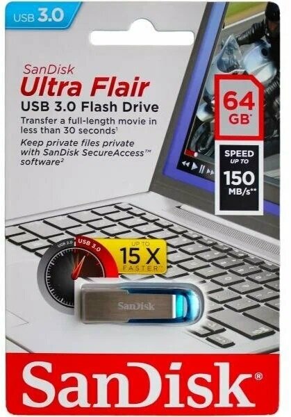 Флешка SanDisk Ultra Flair USB 3.0 64 ГБ, 1 шт., дымчатый серебристый/черный