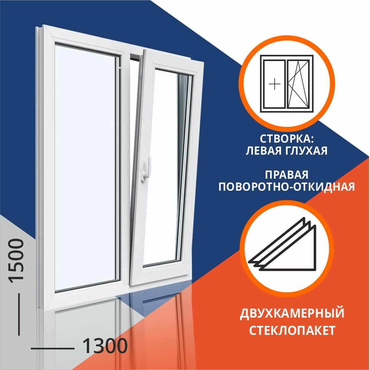 фото Окно двухкаменое 1300x1500 мм двухстворчатое: левая глухая, правая поворотно откидная GRAZIO