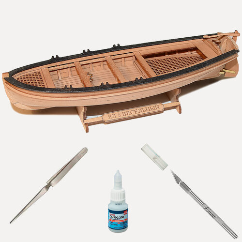 Изображение товара Ял Шестивесельный + Фигурка, сборная модель из дерева, 30 часов, М.1:72, подарочный набор для сборки + инструменты